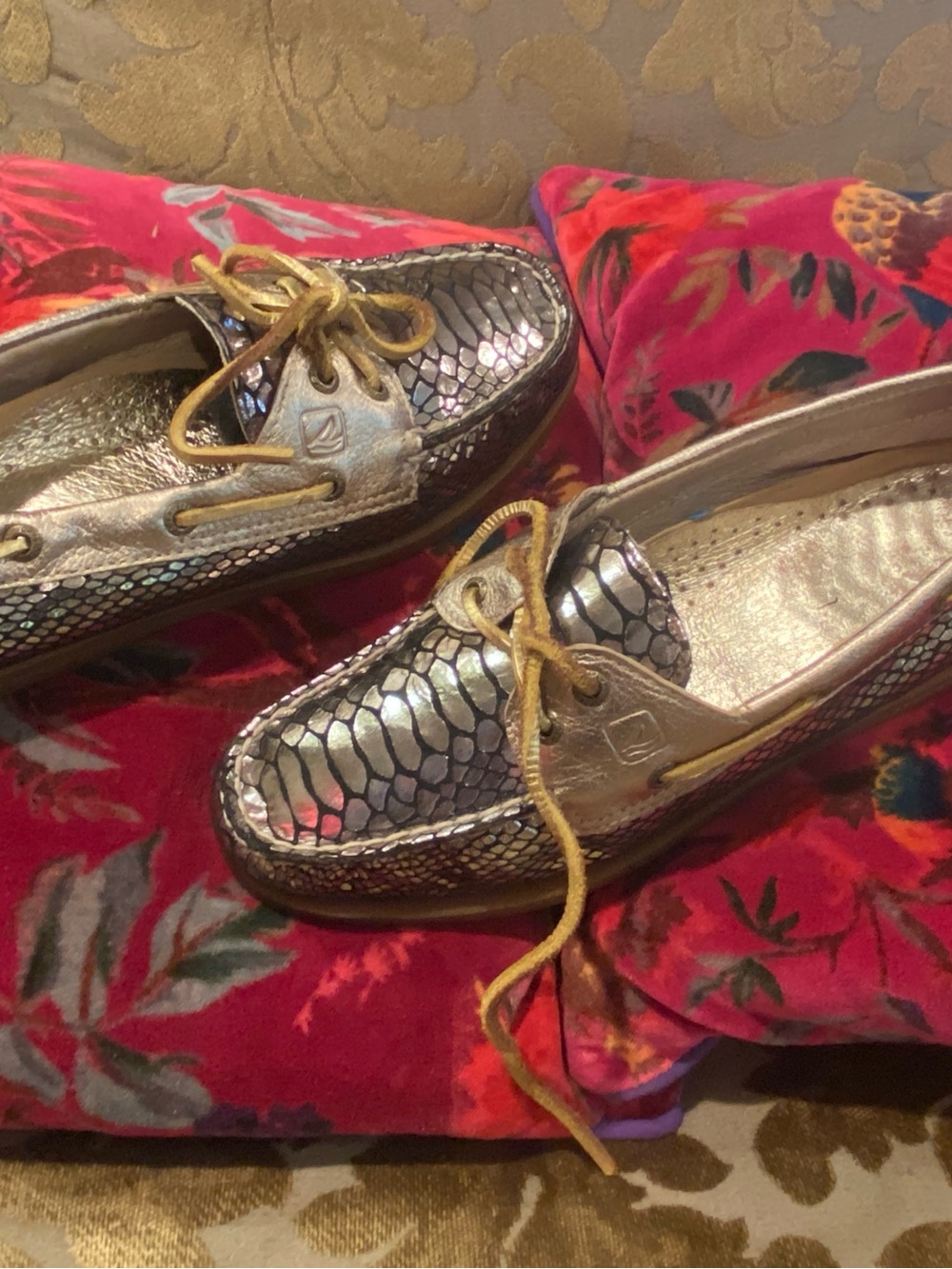Sperry Silver Iridescent Snake-Print Leather Loafers